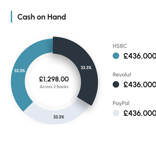 A pie chart from the financial dashboard showing total cash from all sources